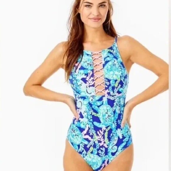 Lilly Pulitzer high neck Swimsuit size 6 in turtle villa - Picture 1 of 5